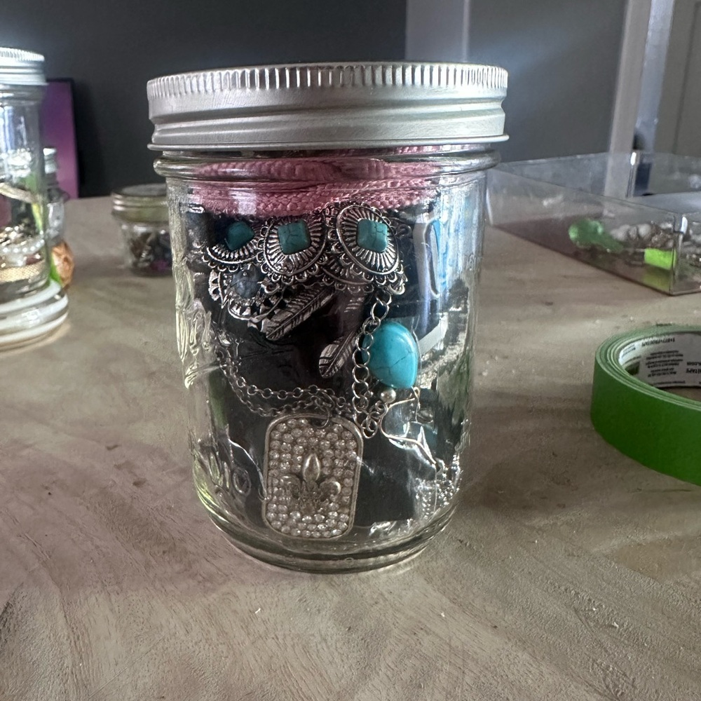 Turquoise and Silver Jewelry in Mason Jar